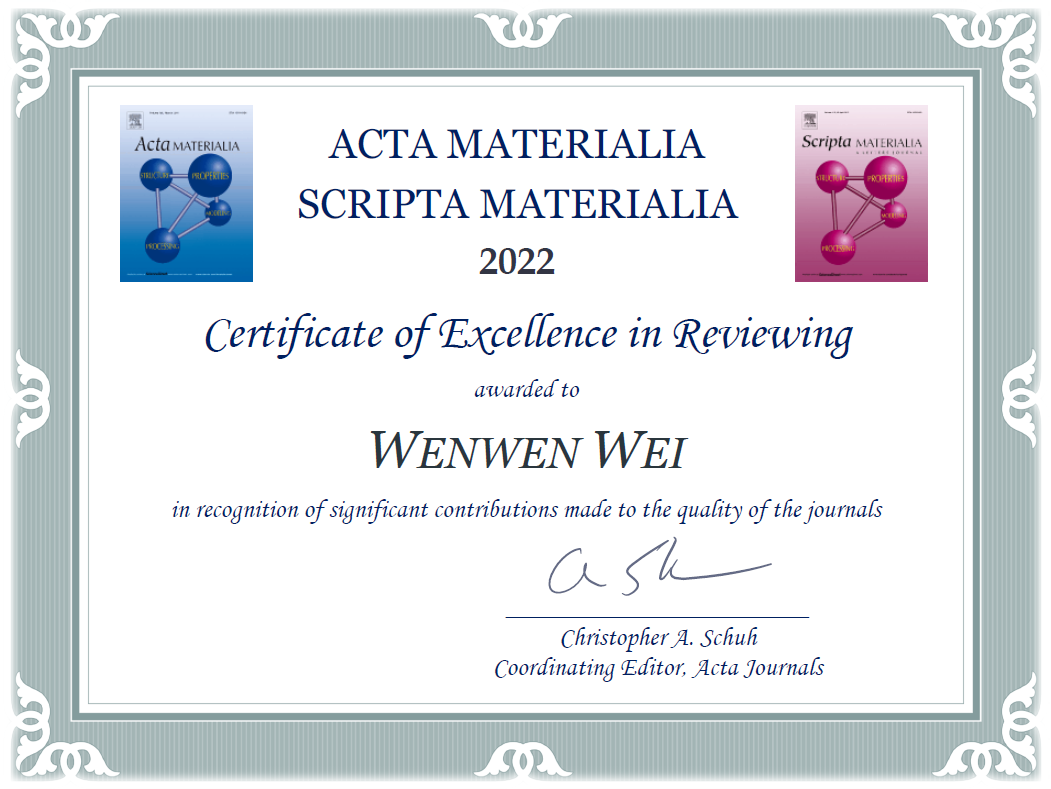 Certificate of Excellence in Reviewing awarded to Wenwen Wei by the journals Acta Materialia and Scripta Materialia for the year 2022