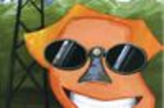 Titelbild: Illustration mit grinsendem Gesicht, Hintergrund Berge und Strommast