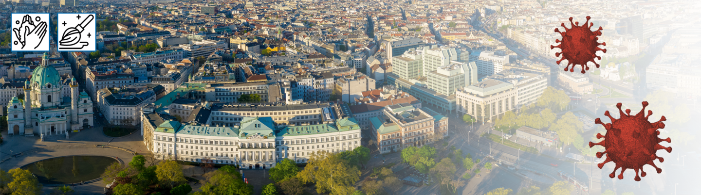 Drohnenbild der TU Wien mit einem Icon des Corona-Virus sowie Icons die auf die Sicherheitsmaßnahmen hinweisen