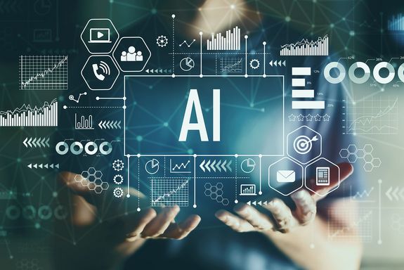 human being in background with outstretched hands, in front writing and symbols of AI