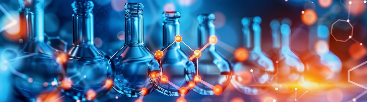 3D illustration of chemistry concepts set against a blue background for laboratory science themes
