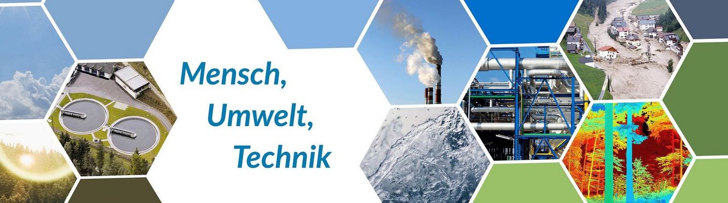 Der Schriftzug "Mensch, Umwelt, Technik" umgeben von Symbolbildern