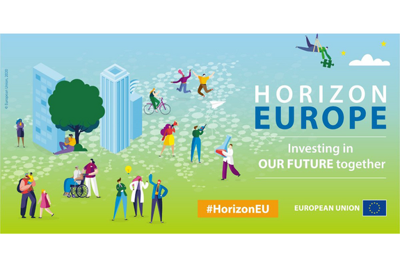 Graphic of a landscape with skyscrapers, a tree and many different people. On the right, the words "Horizon Europe - Investing in OUR FUTURE together". Below it "European Union" and the EU flag.