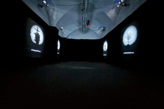 Dunkler Ausstellungsraum mit seitlich hellen Lichtpunkten, in denen Bäume zu sehen sind. Deckengewölbe in weiß.