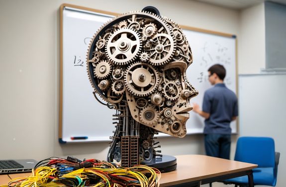 mechanischer Kopf und Mensch im Hintergrund