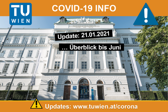 Photo of the main building on Karlsplatz with the heading "Covid-19 Info", the update time and the update link: www.tuwien.at/corona