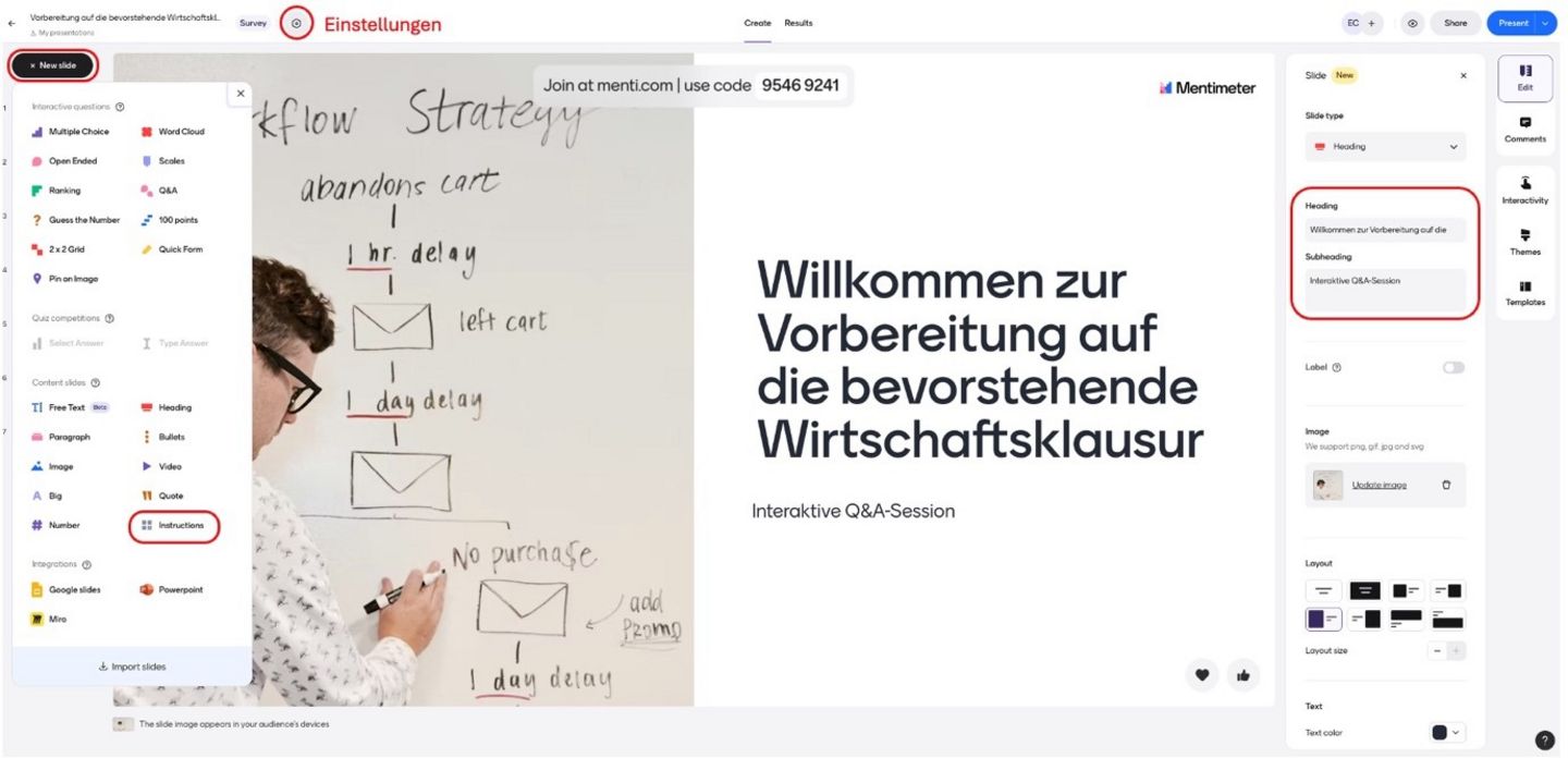 A screenshot of the Mentimeter website with a newly created presentation.